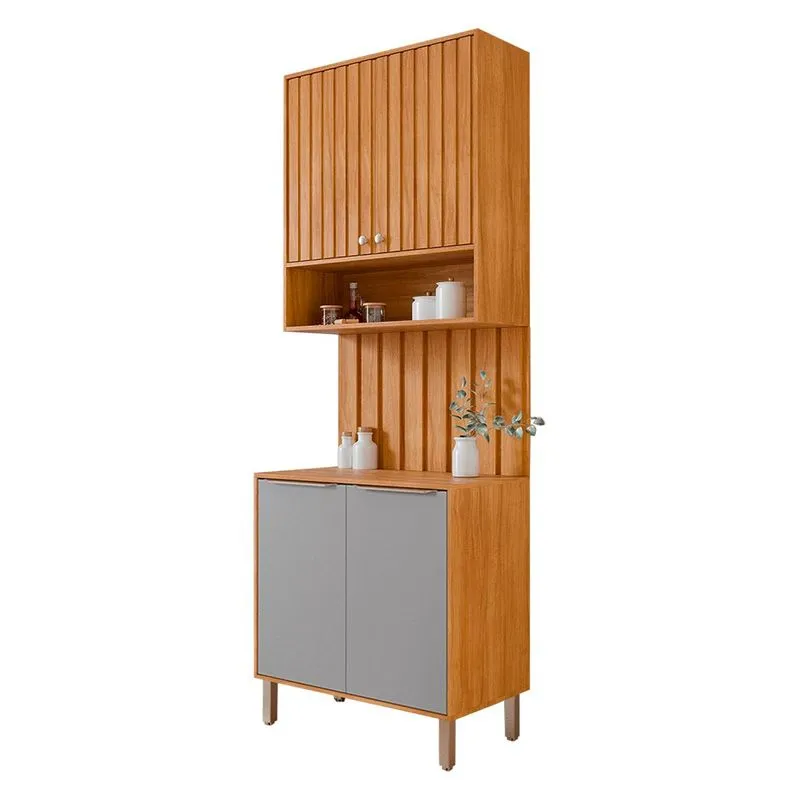 Armário Aéreo Com Balcão E Painel Ripado Divina 80cm 4 Portas Cinamomo/platina