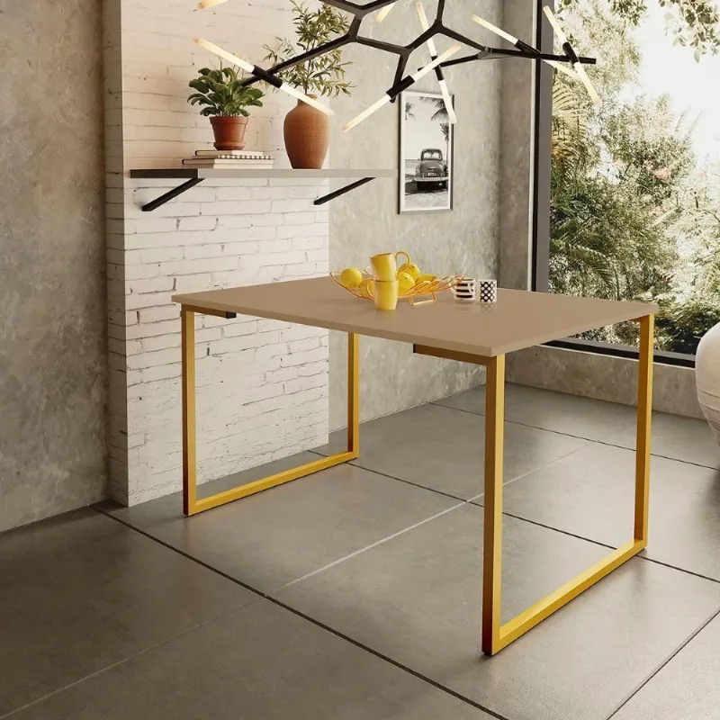 Mesa De Jantar Steel Estilo Industrial Pés De Aço 120x80cm Dourado/Fendi