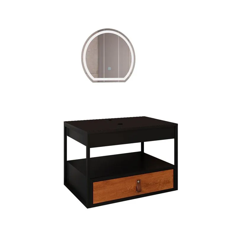 Gabinete Harley 1 Gaveta E Espelho Redondo Led 50cm Bivolt Preto/nature