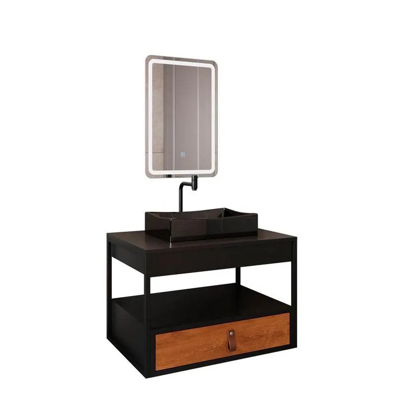 Gabinete Harley Cuba Torneira Espelho Retangular Led 50cm Preto/nature