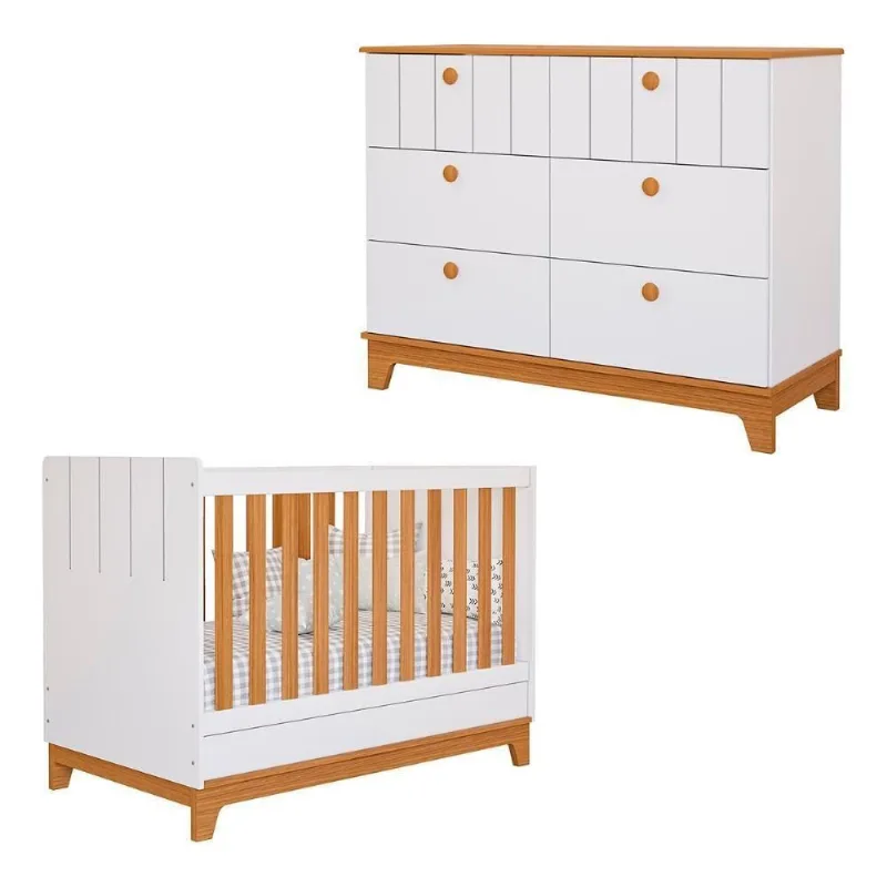 Conjunto de Berço e Cômoda Biscoito 6 Gavetas MDF 133 cm Branco Acetinado Nature Loja Doce Lar