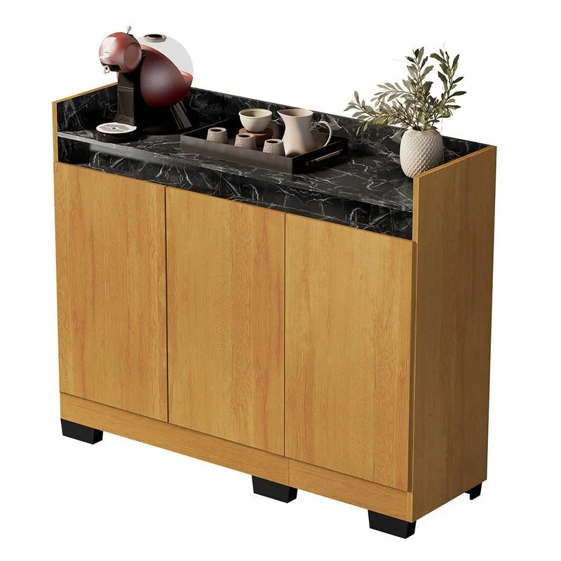 Aparador Buffet Sala Lorde Marmorizado 3 Portas Mel/marmore Preto