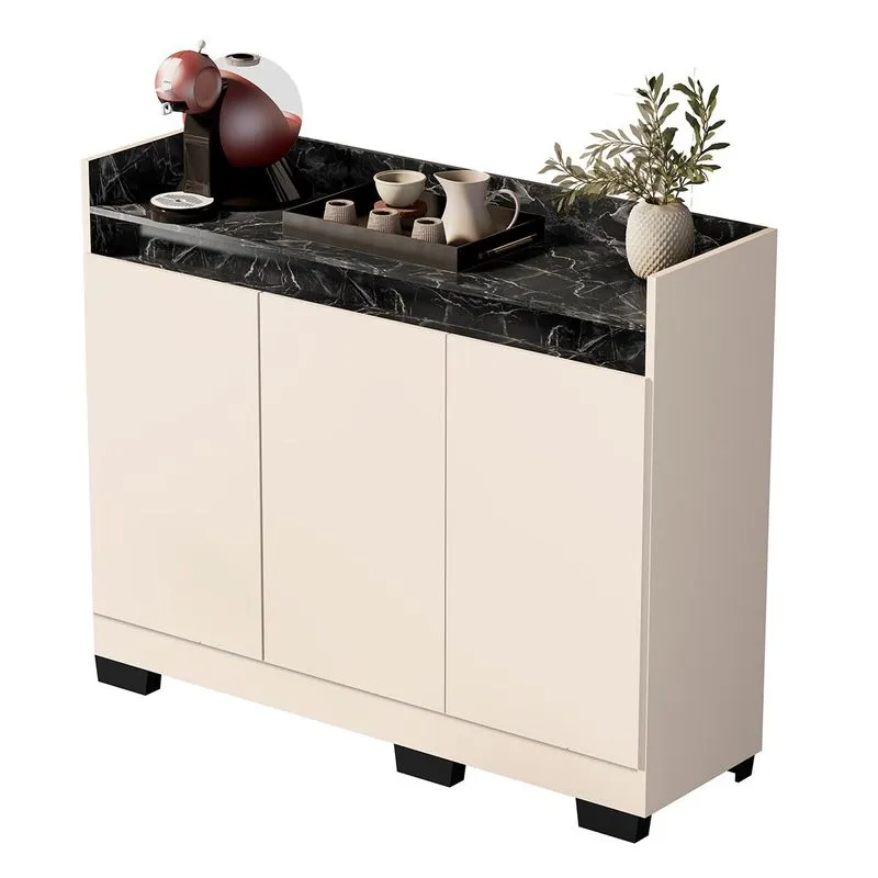 Aparador Buffet Sala Lorde Marmorizado 3 Portas Off White/marmore Preto