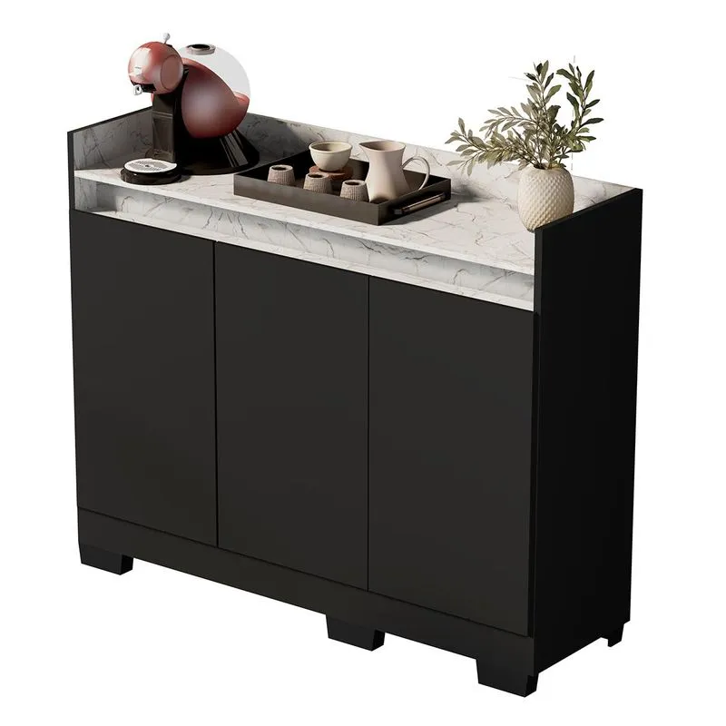 Aparador Buffet Sala Lorde Marmorizado 3 Portas Preto/marmore Branco
