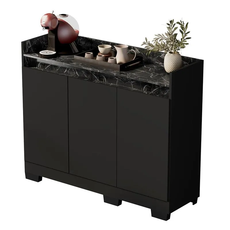 Aparador Buffet Sala Lorde Marmorizado 3 Portas Preto/marmore Preto