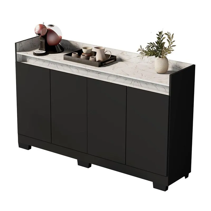 Aparador Buffet Sala Lorde Marmorizado 4 Portas Preto/marmore Branco