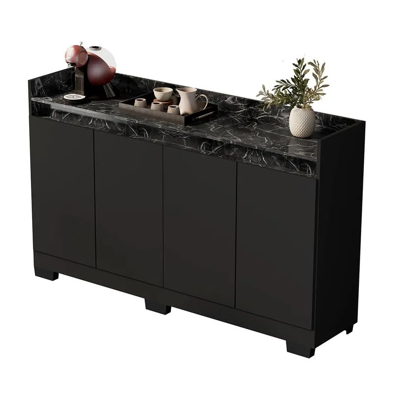 Aparador Buffet Sala Lorde Marmorizado 4 Portas Preto/marmore Preto