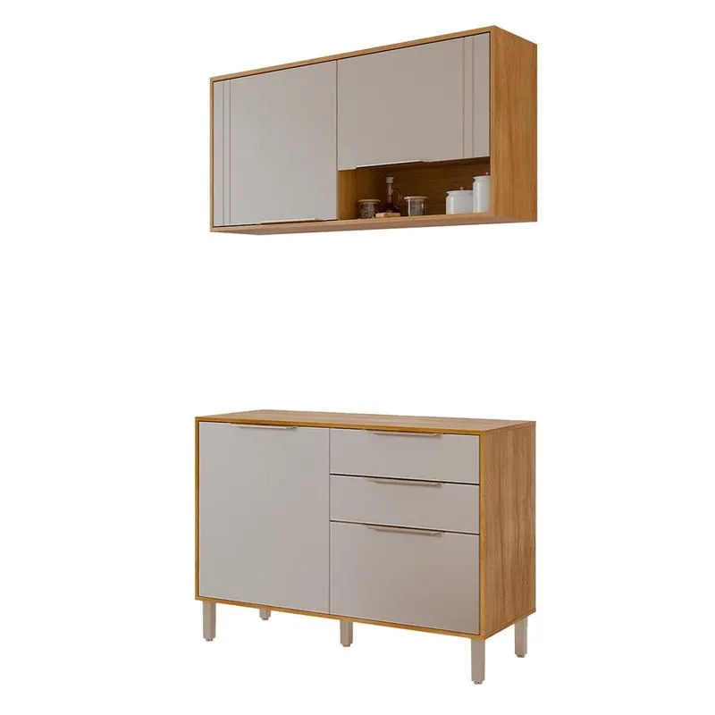 Balcão Com Aéreo Aurea 120 Cm Com 4 Portas Cinamomo/off White