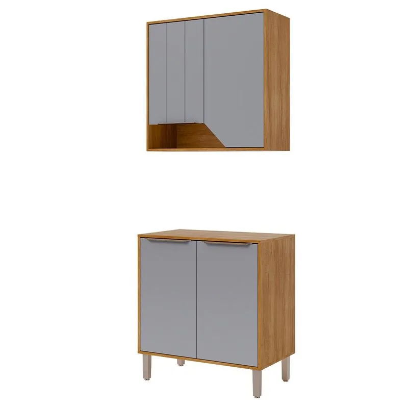 Balcão Com Aéreo Celeste 80 Cm Com 4 Portas Cinamomo/platina