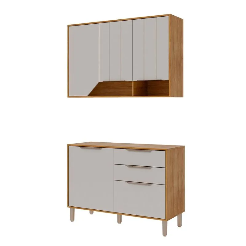 Balcão Com Aéreo Celeste 120 Cm Com 5 Portas Cinamomo/off White