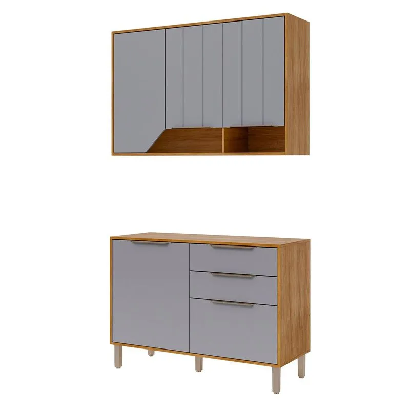 Balcão Com Aéreo Celeste 120 Cm Com 5 Portas Cinamomo/platina