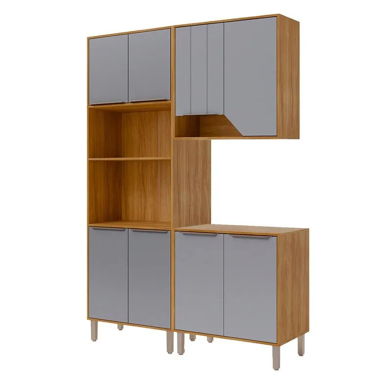 Armário De Cozinha Celeste Com Torre Quente 150 Cm 8 Portas Cinamomo/platina