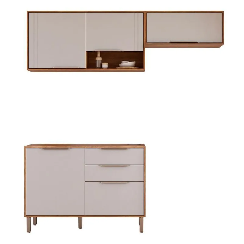 Kit Armário Aéreo Cozinha Compacta áurea 200cm E Balcão Cinamomo-Off White