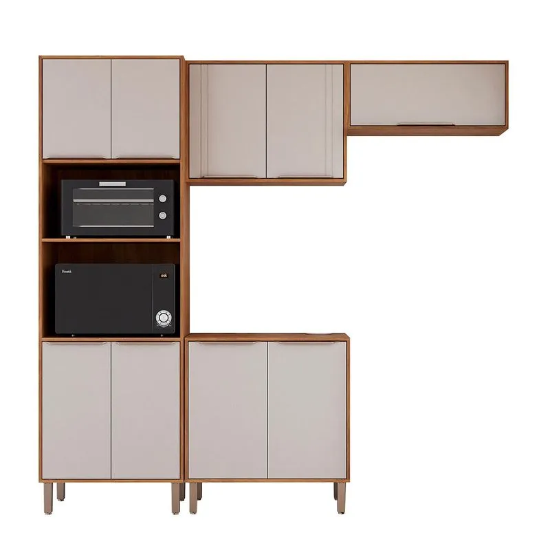 Kit Armário Cozinha Completa Áurea 230cm 9 Portas Com Balcão Cinamomo/off White