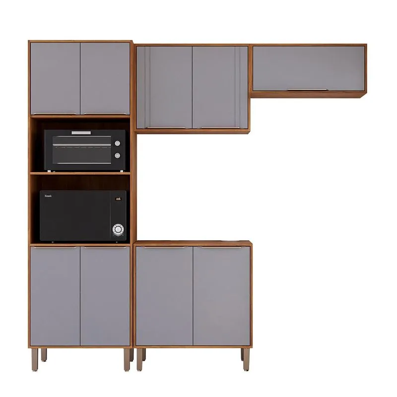Kit Armário Cozinha Completa Áurea 230cm 9 Portas Com Balcão Cinamomo/platina