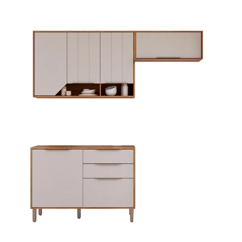 Kit Armário Cozinha Compacta Celeste 200cm 6 Portas E Balcão Cinamomo-Off White