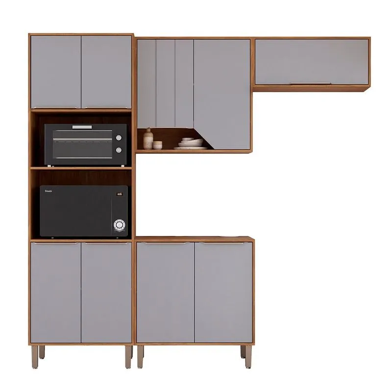 Kit Armário Cozinha Completa Celeste 230cm 9 Portas E Balcão Cinamomo/platina