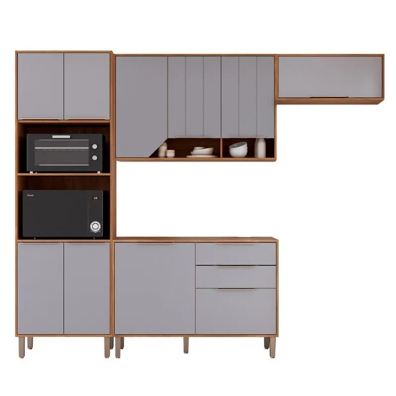 Kit Armário Completo Celeste 10 Portas 2 Gavetas MDF 270cm Amadeirado Cinamomo Platina