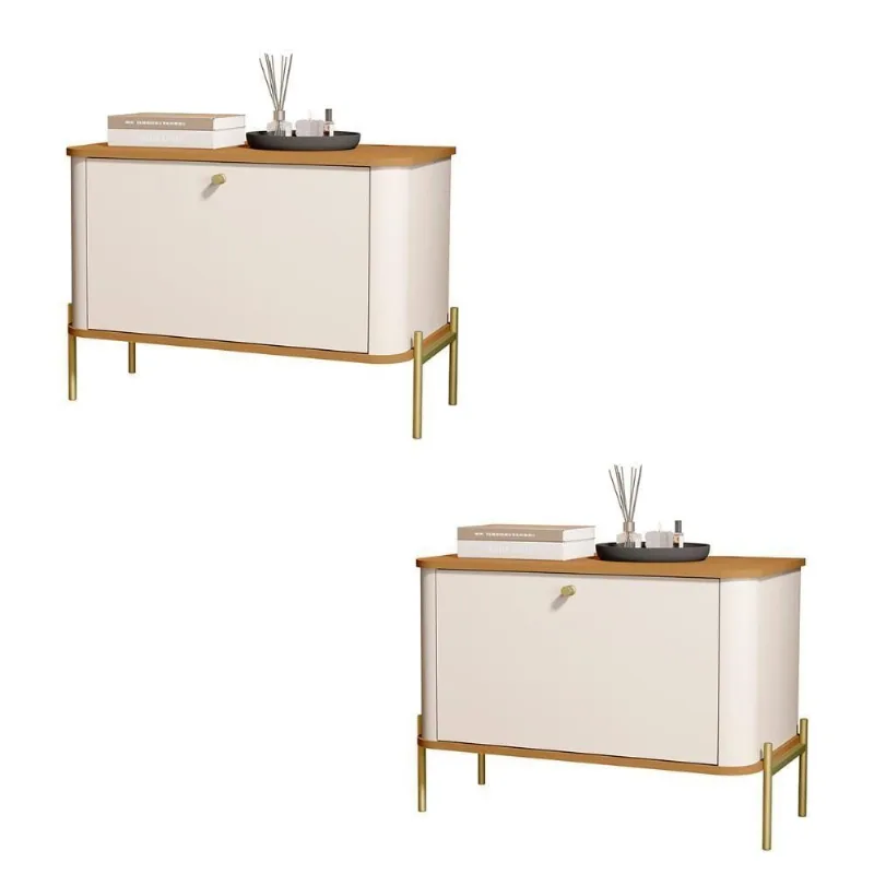 Kit 2 Mesa De Cabeceira Quarto Tucupí 1 Porta E Pés De Metal Off White-Nature-Dourado
