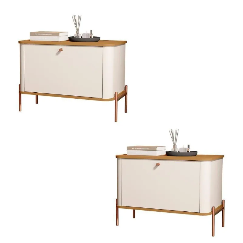 Kit 2 Mesa De Cabeceira Quarto Tucupí 1 Porta E Pés De Metal Off White-Nature-Bronze