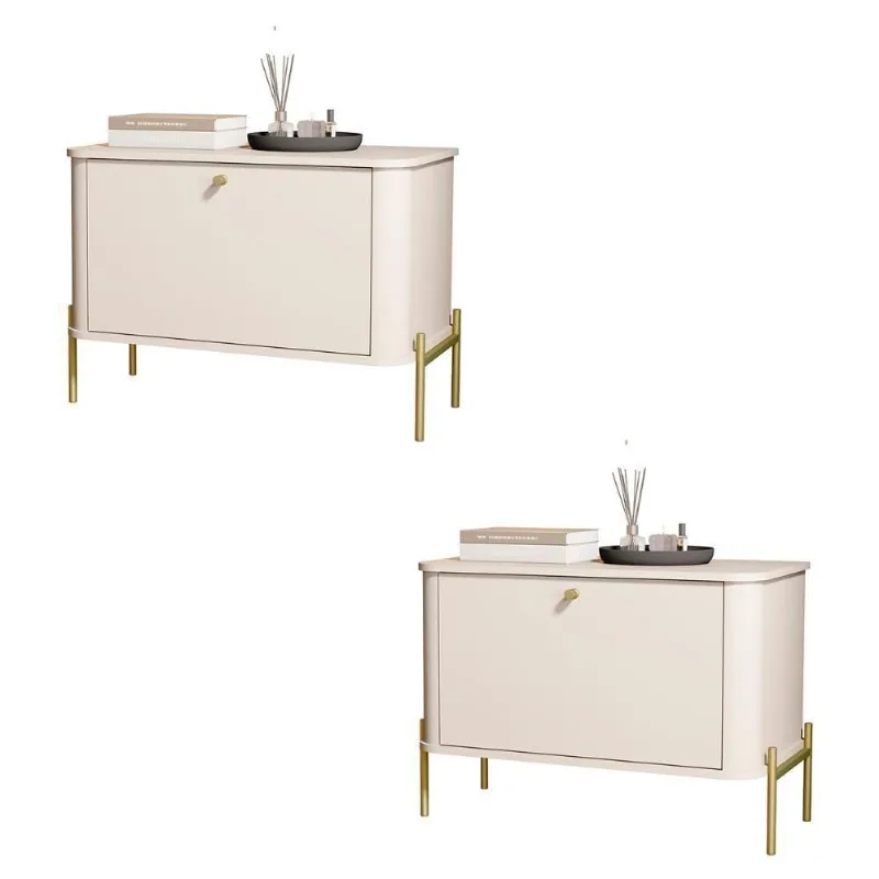 Kit 2 Mesa De Cabeceira Quarto Tucupí 1 Porta E Pés De Metal Off White-Dourado