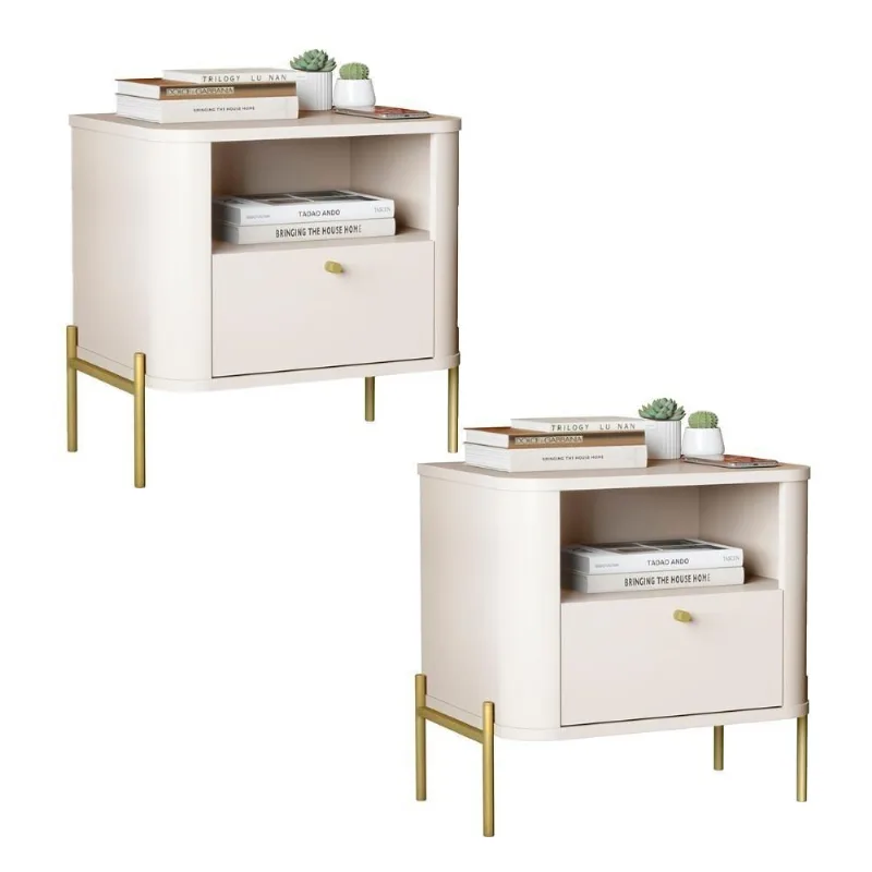 Kit 2 Mesas Cabeceira Quarto Tucupí Slim 1 Gaveta Pés Metal Off White-Dourado