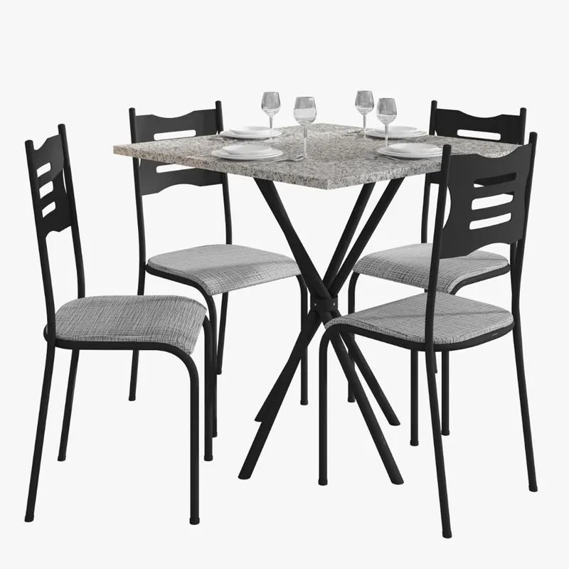 Kit Mesa Diamante 542 Sala De Jantar 4 Cadeiras Pés Tubular Cinza/preto