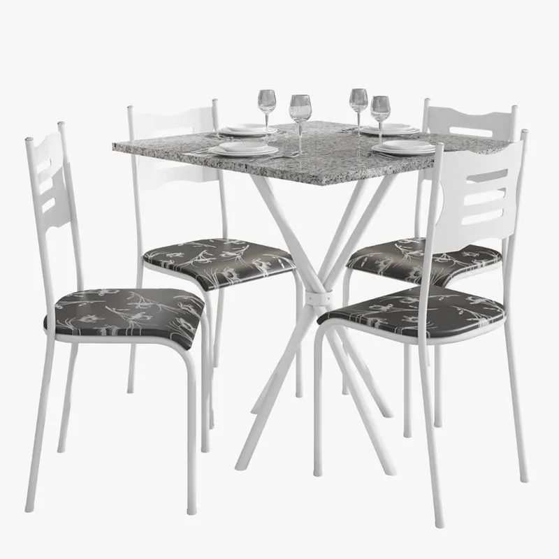 Kit Mesa Diamante 542 Sala De Jantar 4 Cadeiras Pés Tubular Floral/branco