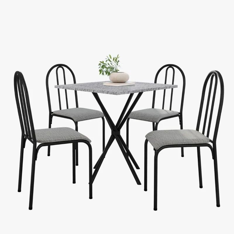 Kit Mesa Diamante 544 Sala De Jantar 4 Cadeiras Pés Tubular Cinza/preto