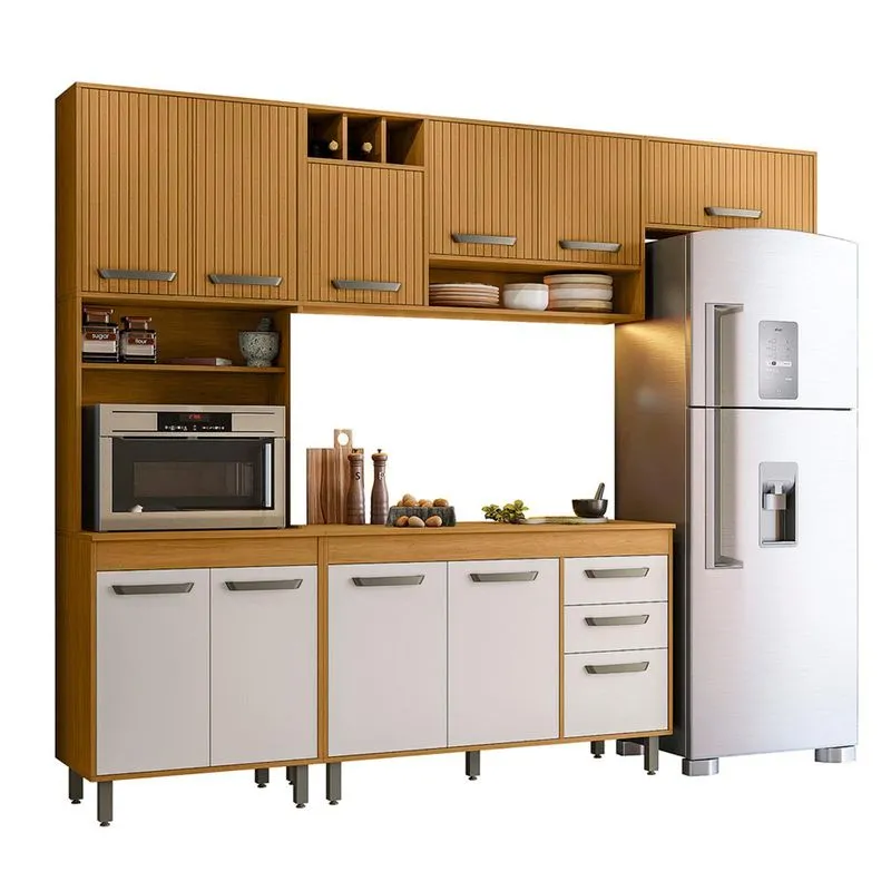 Armario De Cozinha Malta Com 11 Portas E 2 Gavetas Freijo/ripado/off Acetinado