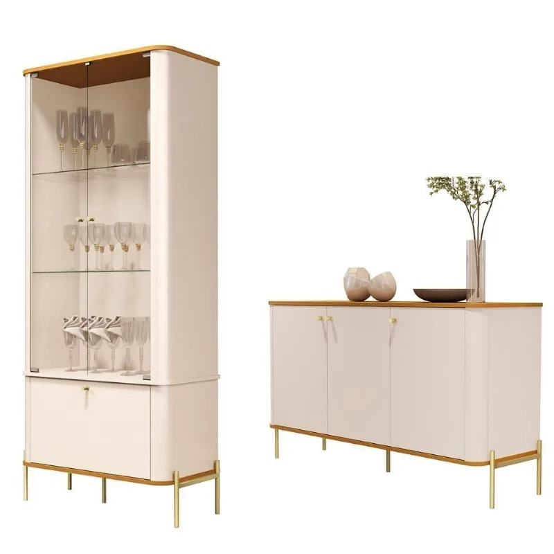 Conjunto Cristaleira E Aparador Buffet Tucupí Com 3 Portas Off White/nature/dourado