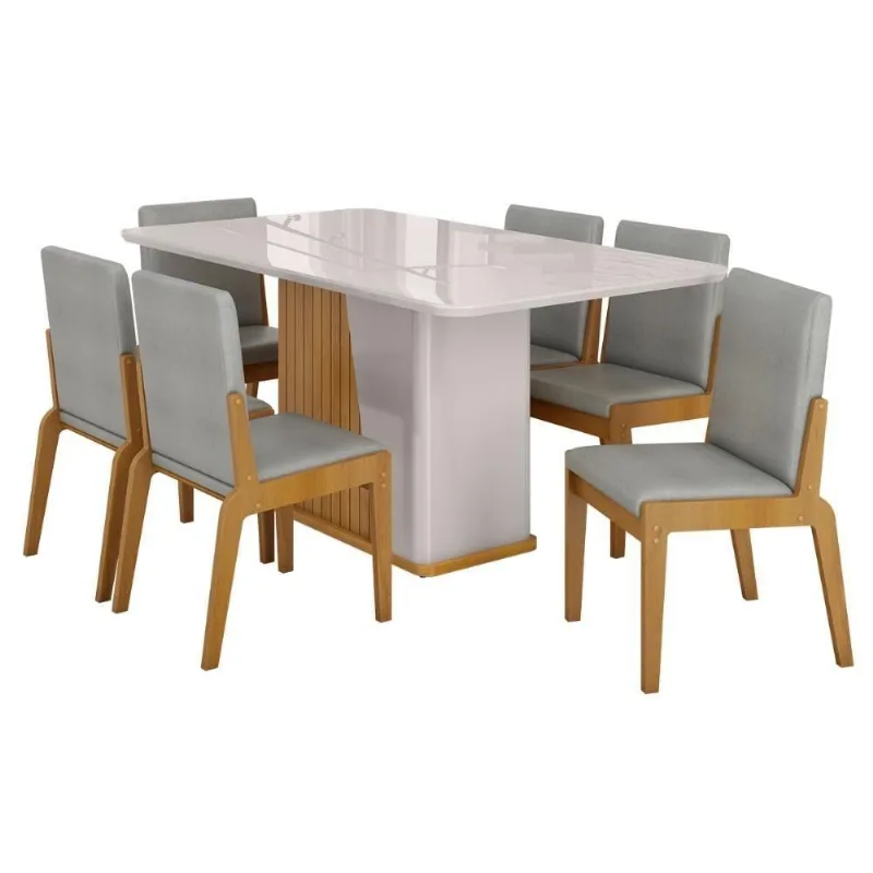 Kit Mesa De Jantar Harmonia Com 6 Cadeiras Sinfonia Em Linho Naturale-off White-cinza