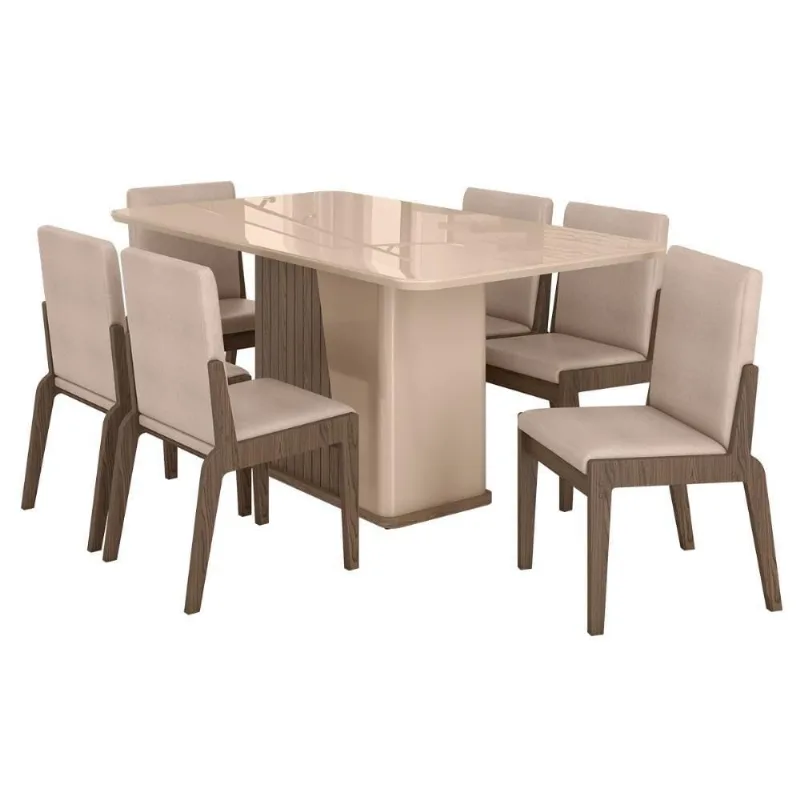 Kit Mesa De Jantar Harmonia Com 6 Cadeiras Sinfonia Em Linho Carvalho-fendi-creme