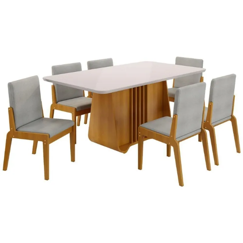 Kit Mesa De Jantar Harpa Com 6 Cadeiras Sinfonia Em Linho Naturale-off White-cinza