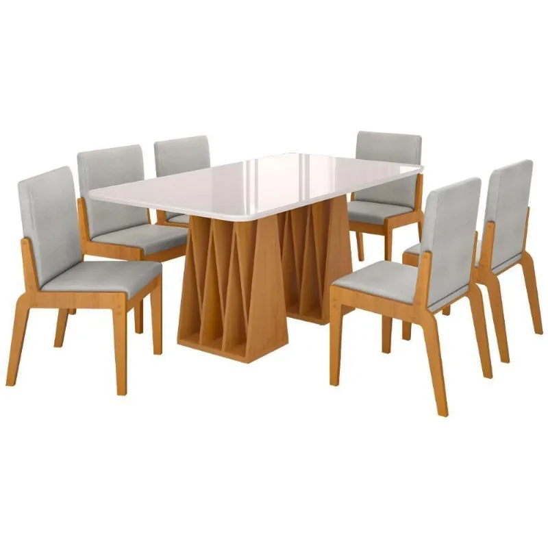 Kit Mesa De Jantar Orquestra Com 6 Cadeira Sinfonia Em Linho Naturale-off White-cinza