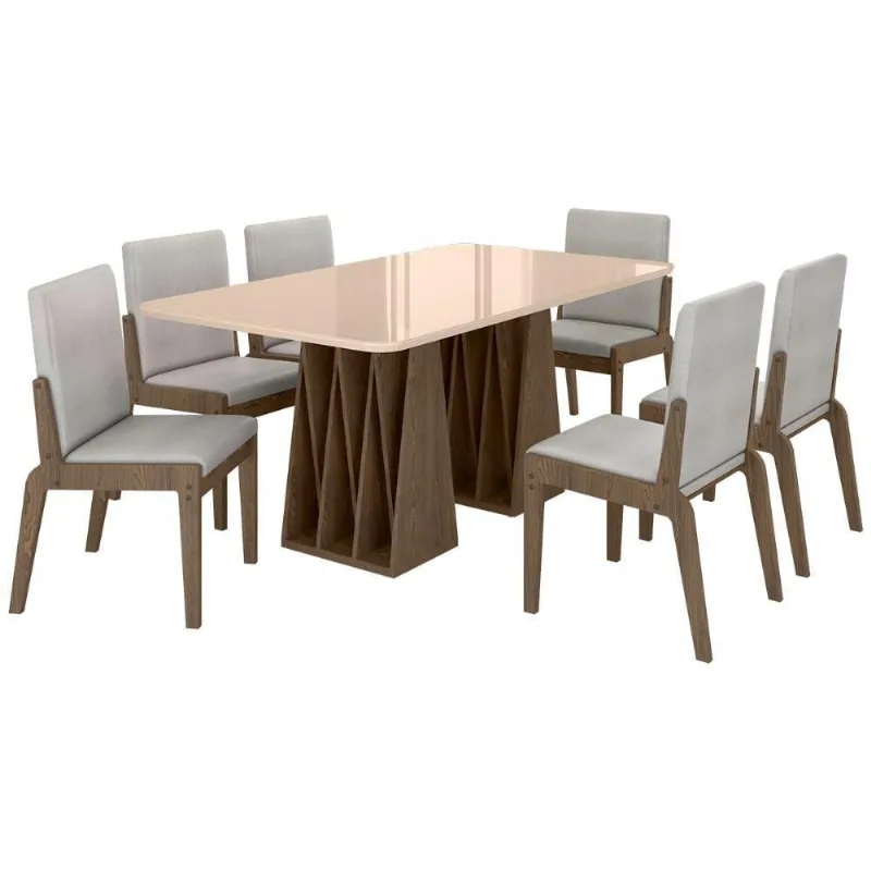 Kit Mesa De Jantar Orquestra Com 6 Cadeira Sinfonia Em Linho Carvalho-fendi-cinza