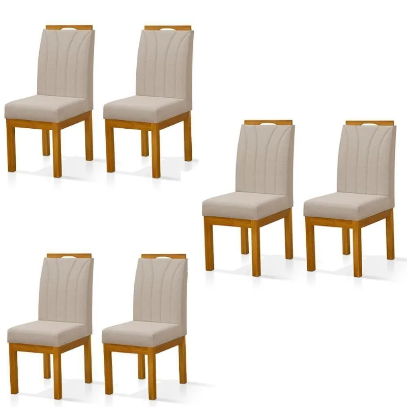 Conjunto 6 Cadeiras Blend Em Linho Com Pés De Madeira Maciça Bege