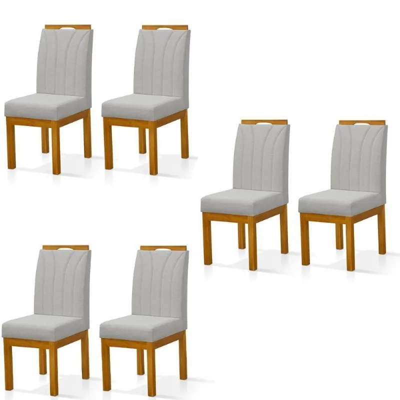 Conjunto 6 Cadeiras Blend Em Linho Com Pés De Madeira Maciça Cinza Claro