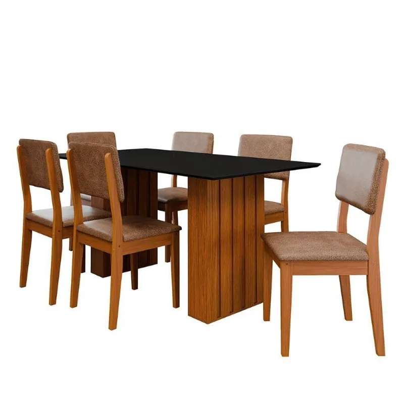 Kit Mesa Jantar Santiago 160 Tampo Vidro 6 Cadeiras Córdoba Cinamomo-preto-capuccino