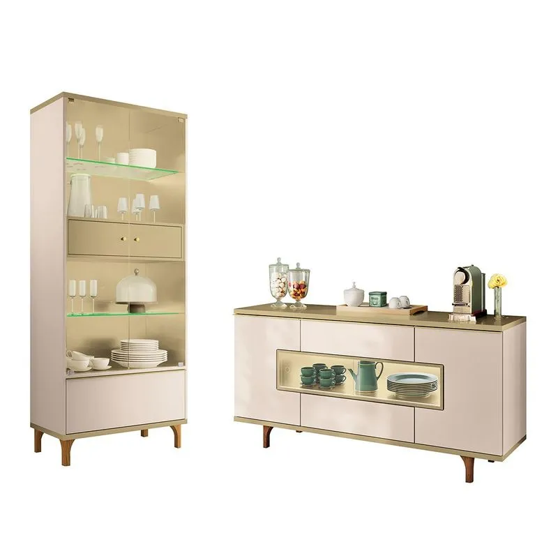 Kit Aparador Buffet Murano E Cristaleira Lumina Pés Madeira Off White/Champanhe