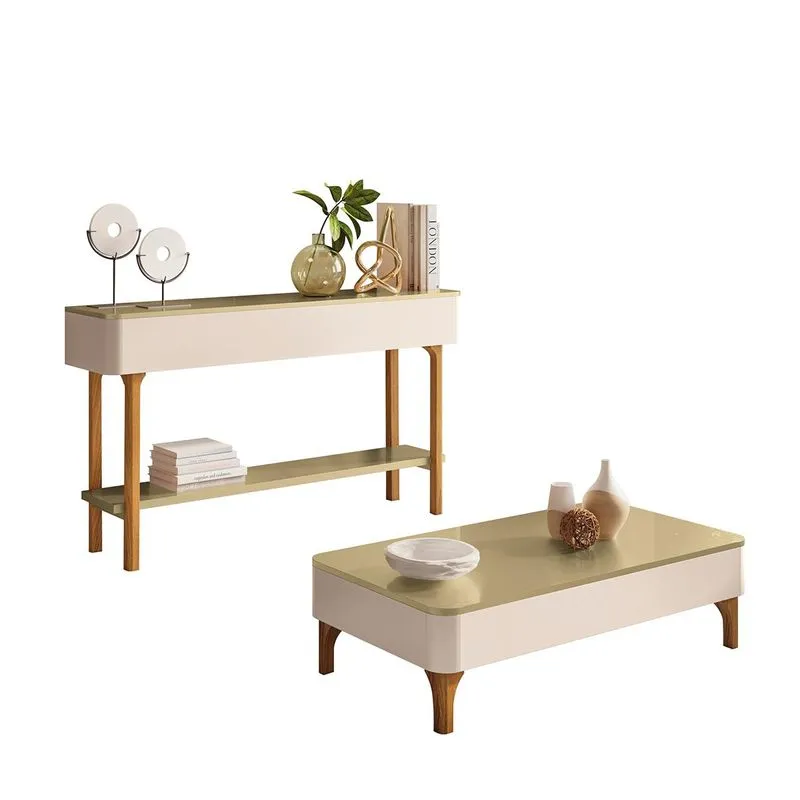 Mesa De Centro Liz Sala E Aparador Fiero Pés Madeira Maciça Off White/Champanhe