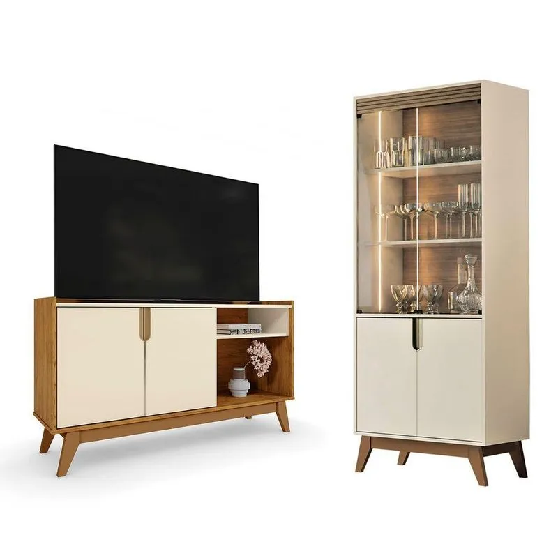 Conjunto Bancada Com Cristaleira Vitória Paraty 180cm Com Led Café Loja Doce Lar