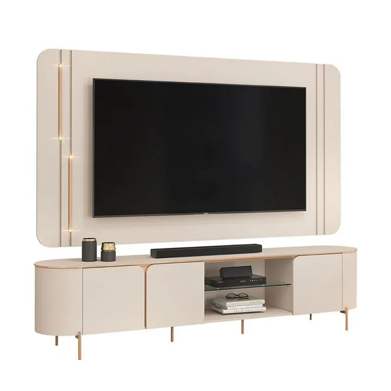 Conjunto Rack Bancada Com Painel Ariana Para TV Até 75" MDF LED Dourado Off White