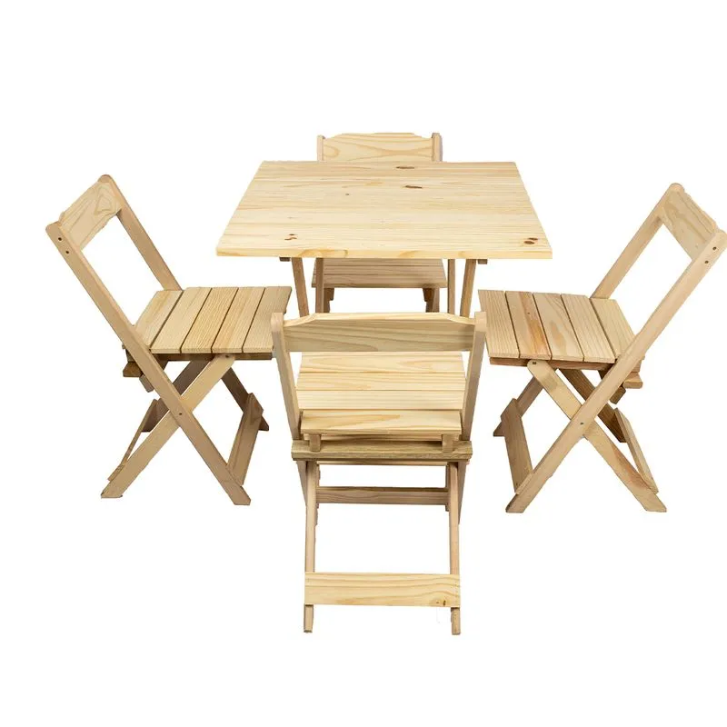 Kit Mesa 70x70 Dobrável Em Madeira Maciça Com 4 Cadeiras Natural