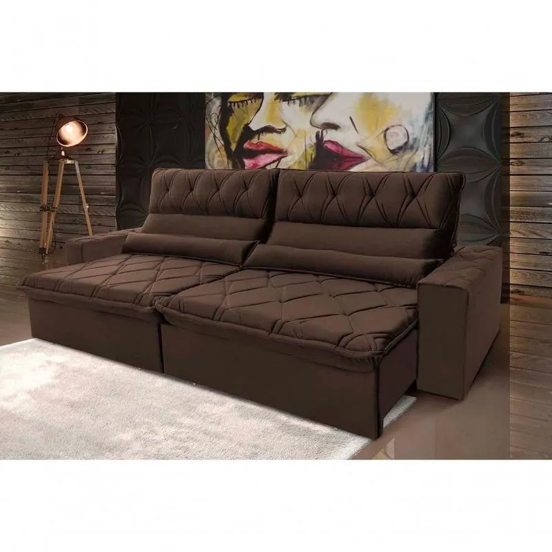 Sofá Retrátil Reclinável França 2,70m Suede Velut Marrom Molas No Assento - King House