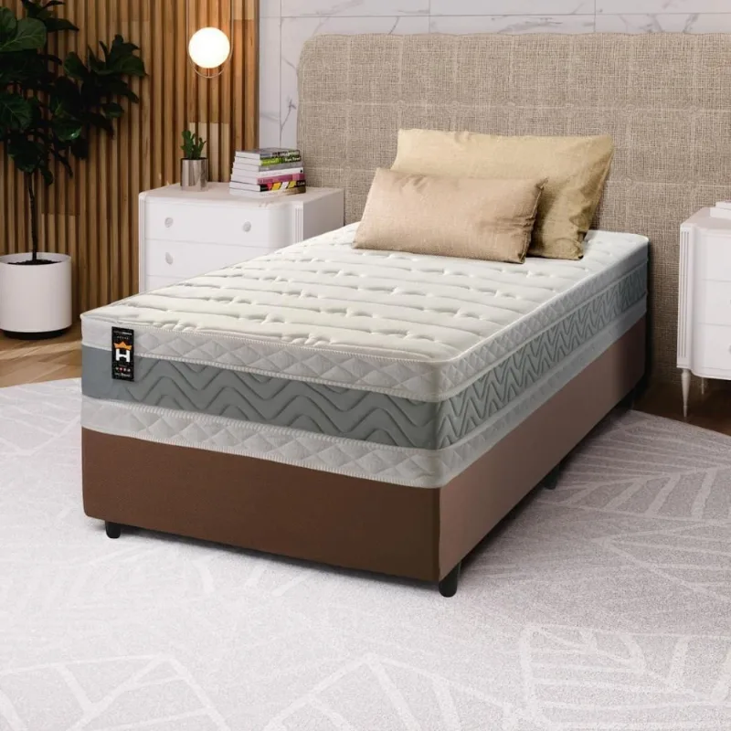 Conjunto Cama Box Marrom Espuma Oxford Verde Solteiro 96x203x67