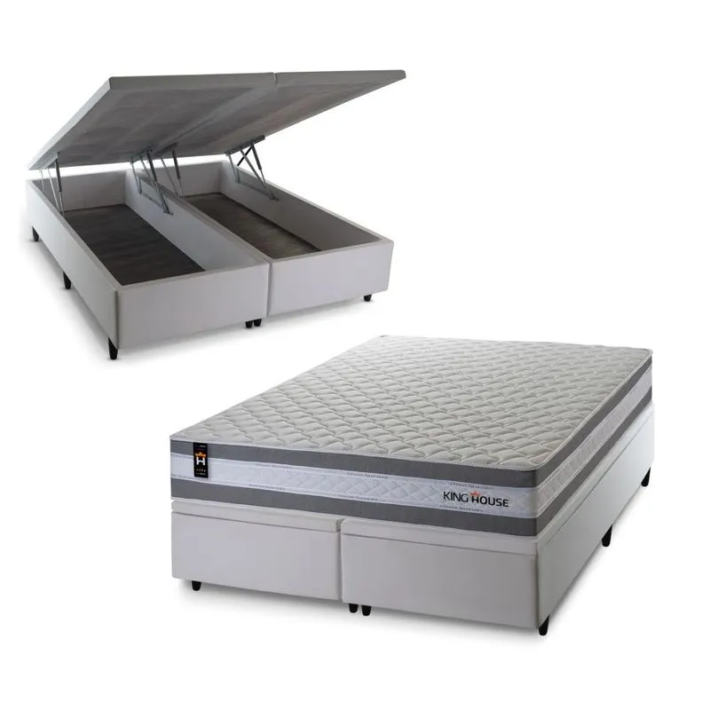 Conjunto Box Baú Branco Alpine Cinza 158x198x72 c/ Molas Ensacadas