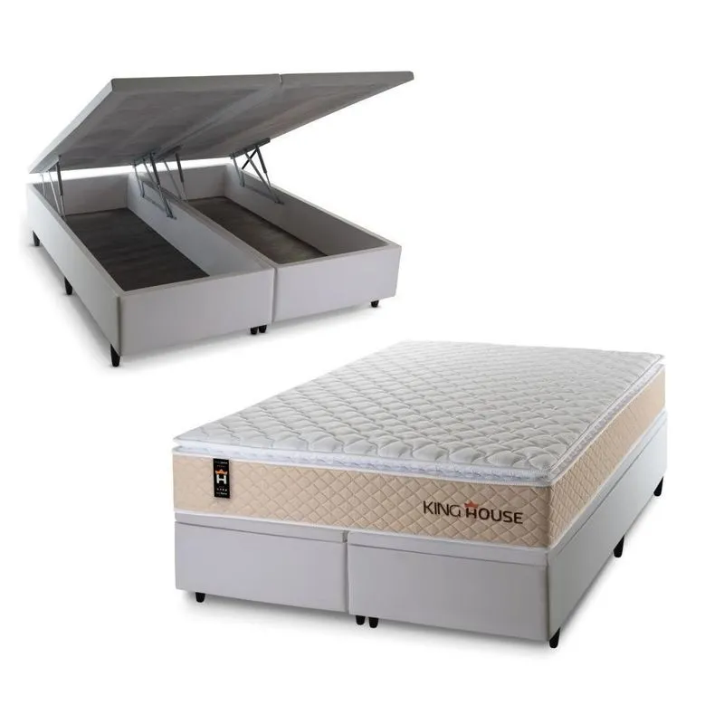 Cama Box Com Baú King Alford Pillow Top Molas Ensacadas Courino Bege Base Branco Pu King House 193cm