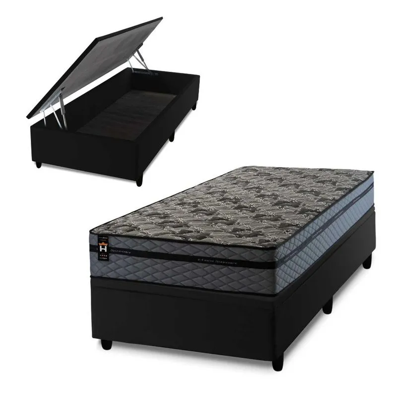 Conjunto Box Baú Preto Montreal Cinza 96x203x71 c/ Molas Ensacadas