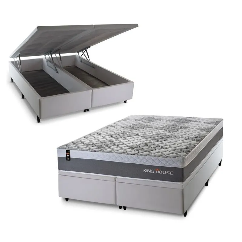 Conjunto Box Baú Branco Sheffield Cinza 193x203x72 c/ Molas Ensacadas
